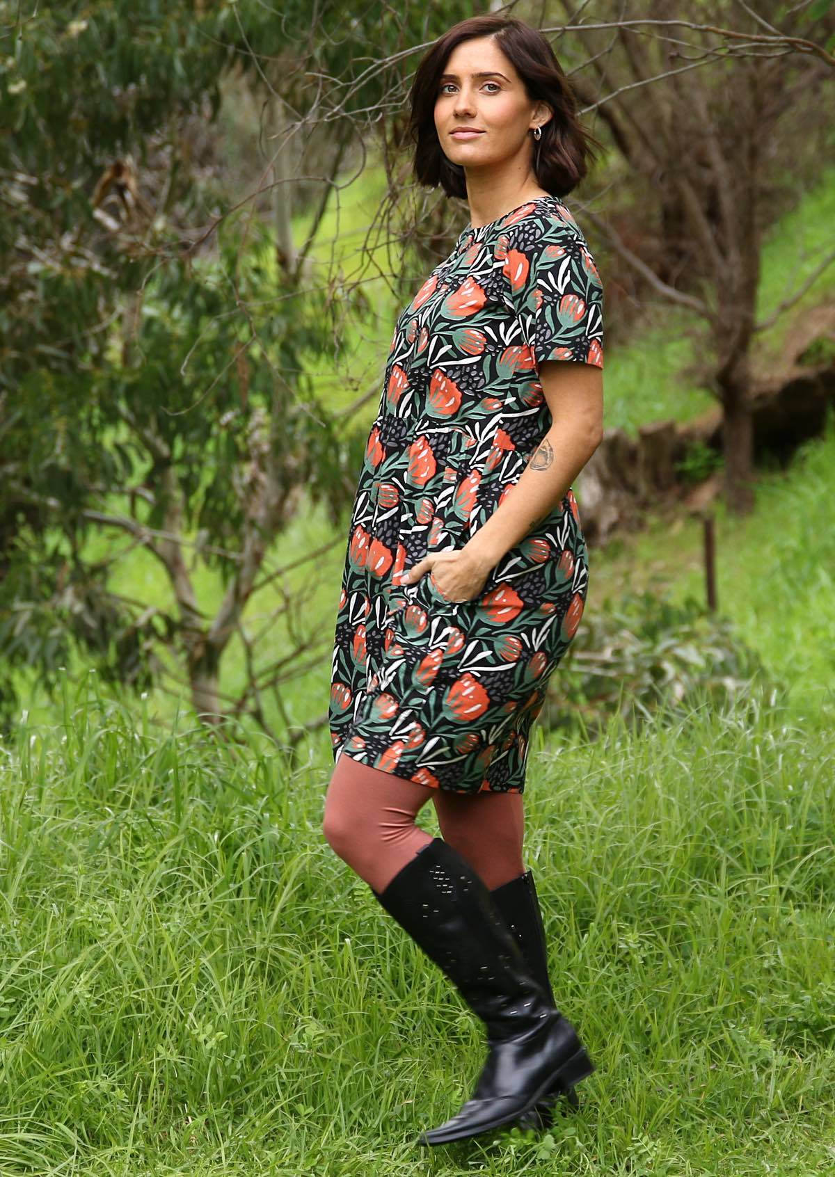 100% cotton dress with relaxed waistband offers ultimate comfort