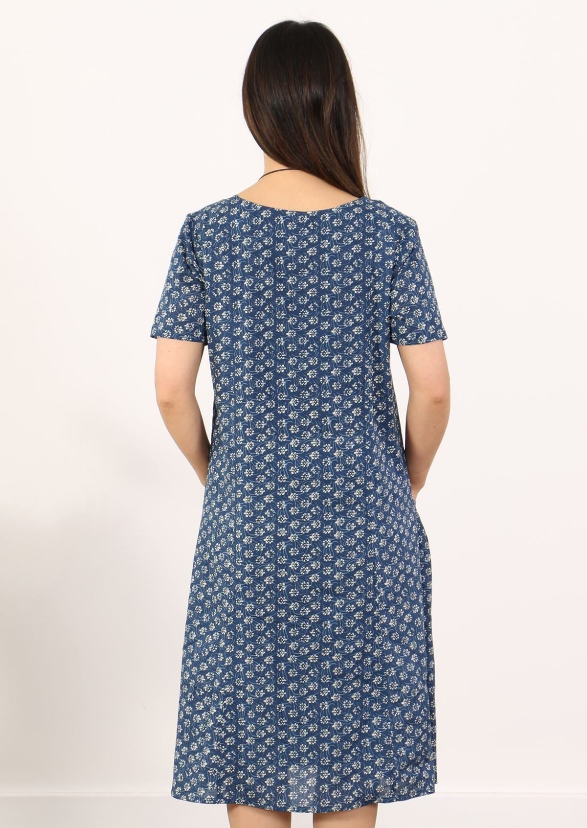 Small white flowers repeat on blue base cotton dress with lining