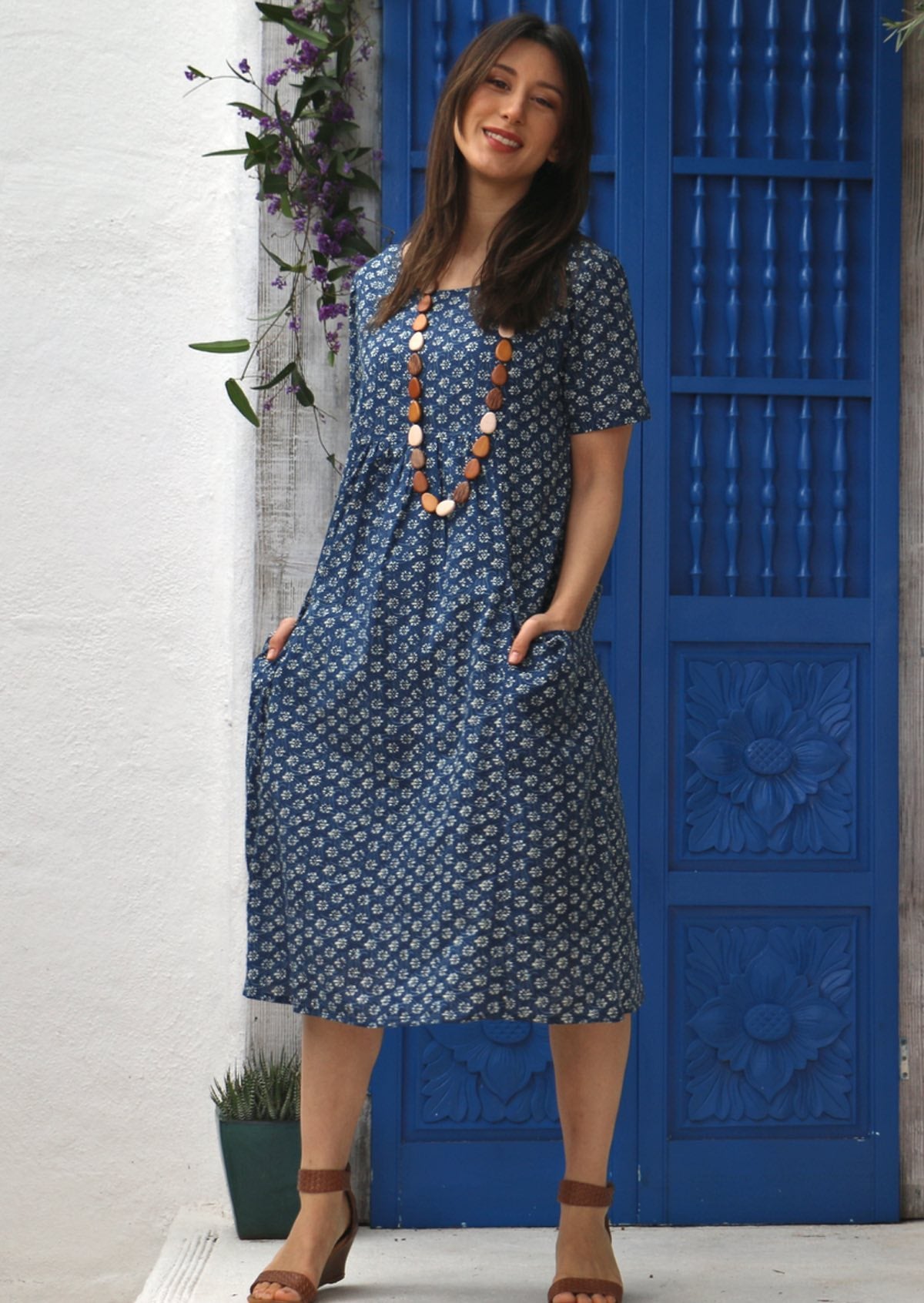 100% cotton blue with white flower print sun dress with pockets