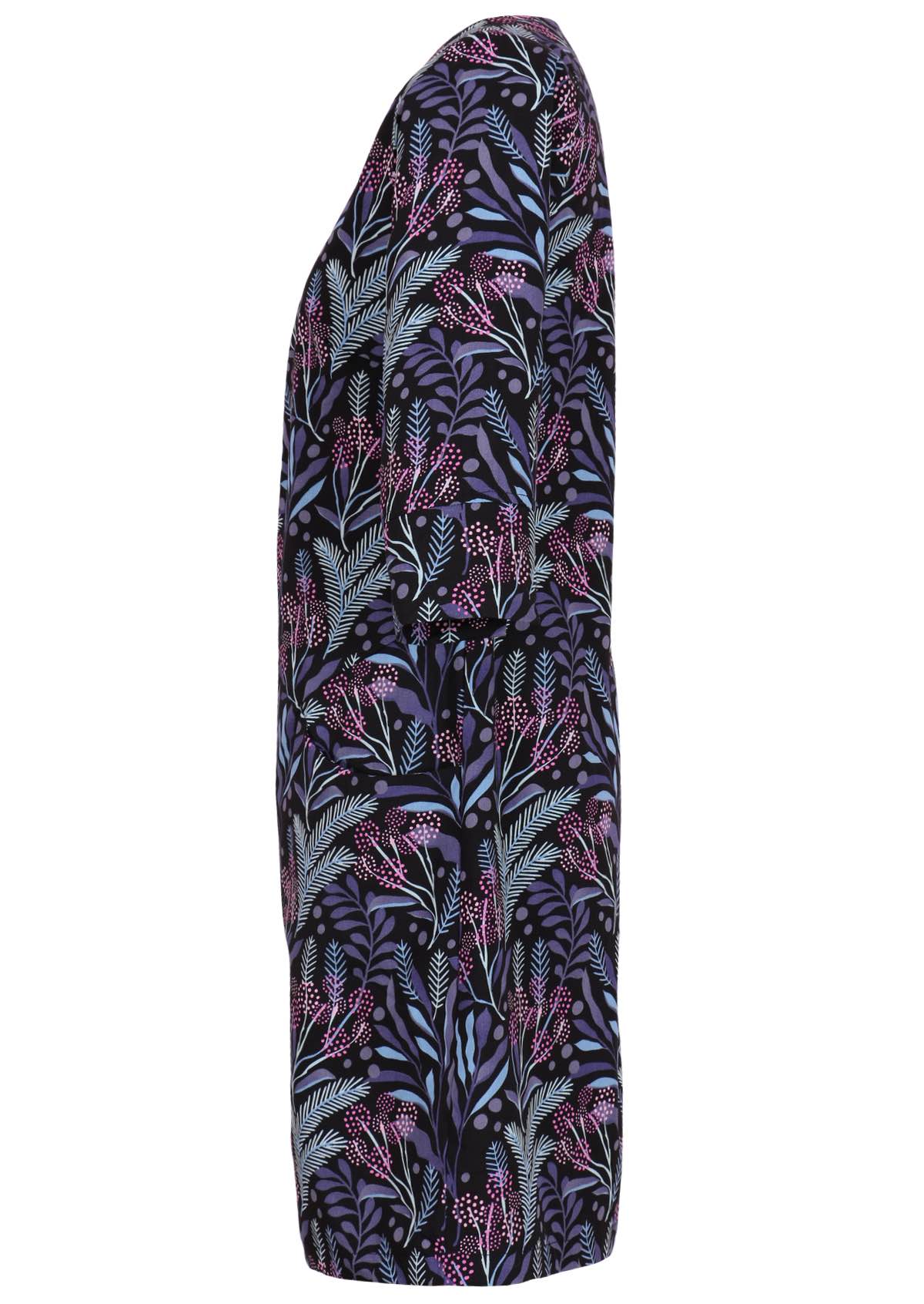 Blue and pink floral print on black base cotton dress