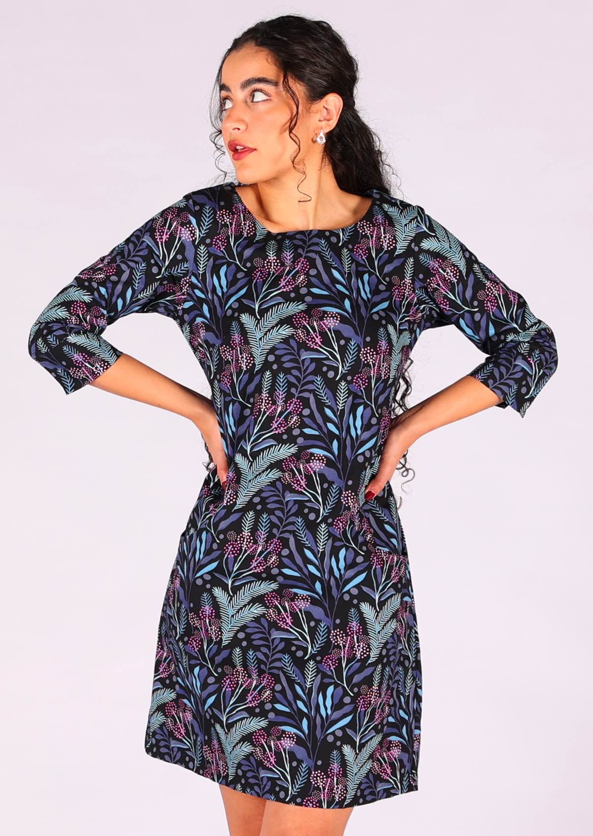 100% cotton dress with black base botanical print in blues and pinks