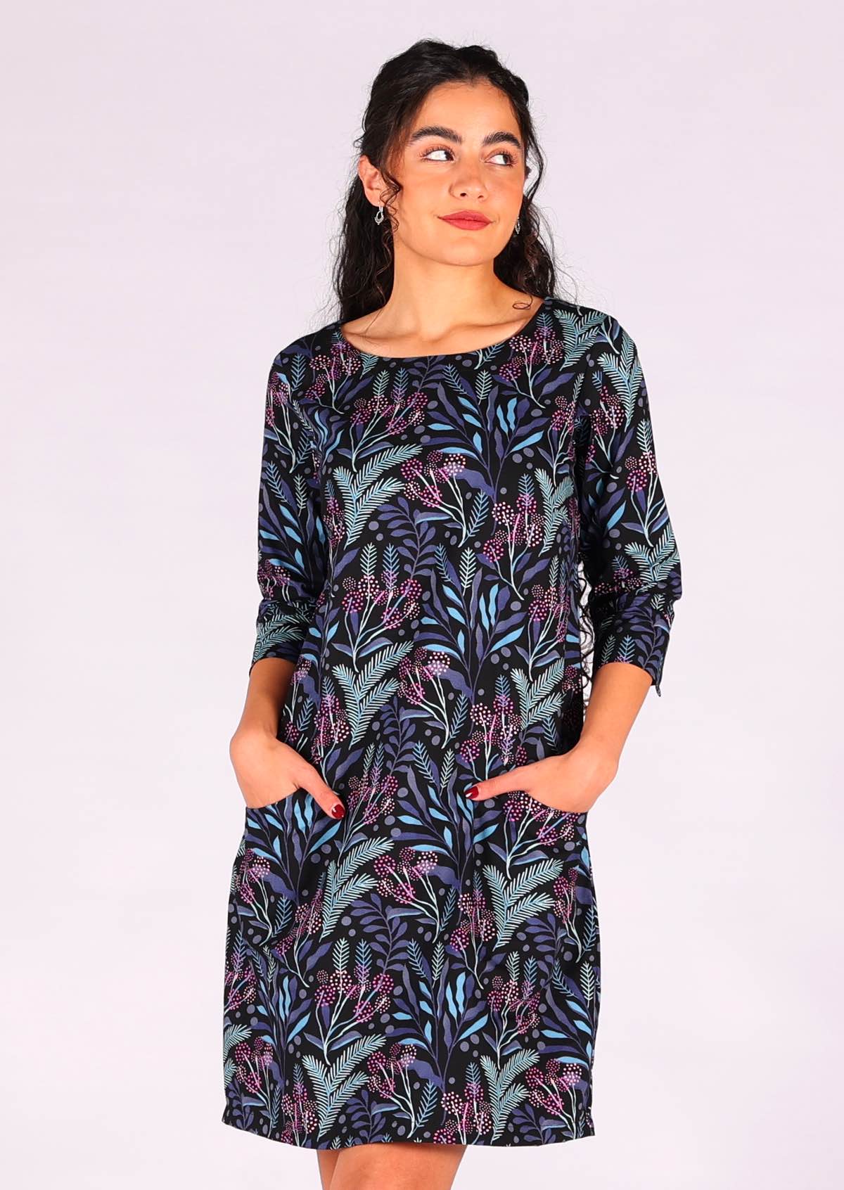 100% cotton above knee dress in stunning botanical print on black base