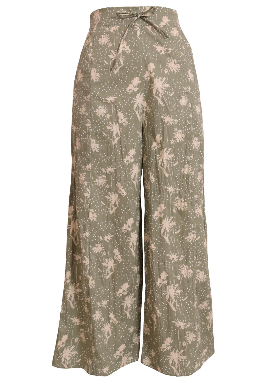 Front mannequin photo of cotton wide leg cotton pants with drawstring and pockets