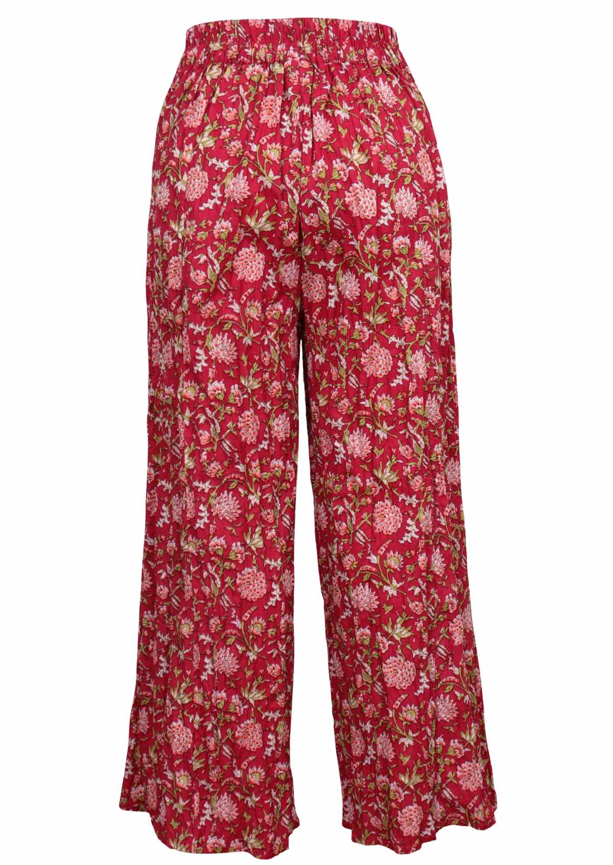 Back mannequin photo of cotton wide leg high waisted floral print pants with elasticised waistband