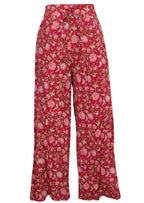 Front mannequin photo of cotton wide leg high waisted floral print pants with drawstring and pockets