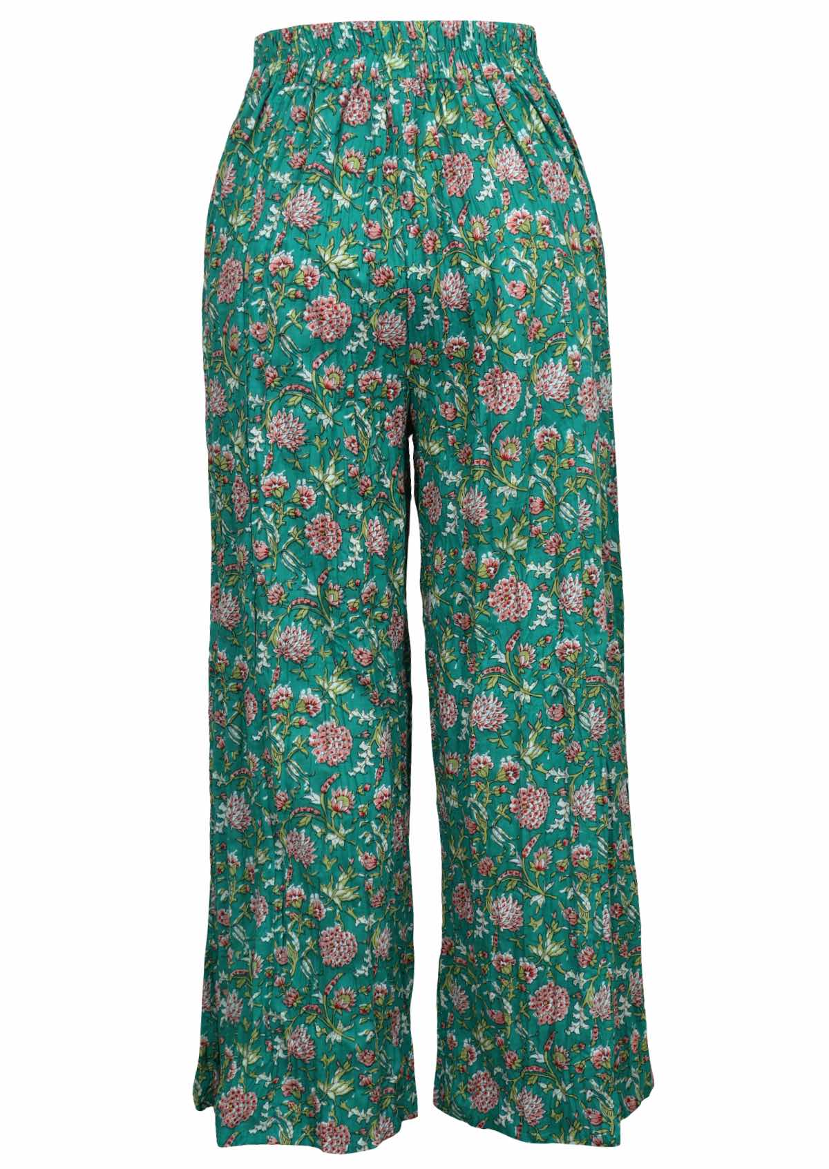 Back mannequin photo of floral print wide leg cotton pants with elastic at back of waistband and drawstring