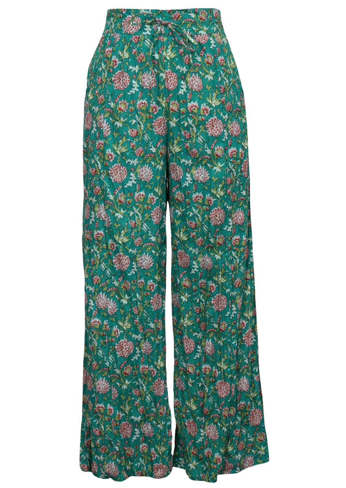 Front mannequin photo of floral print wide leg cotton pants with pockets and drawstring