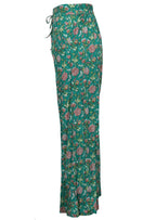 Side mannequin photo of floral print wide leg cotton pants with pockets and drawstring