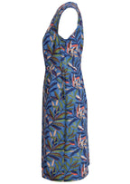 Blue leafy cotton dress with high round neck, raglan cap sleeves, and pockets side view