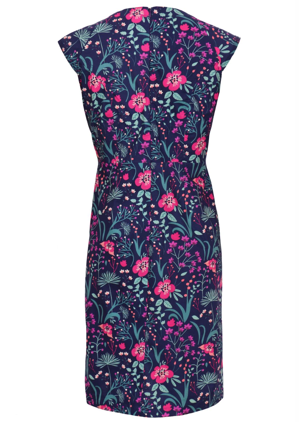 100% navy cotton floral dress back view