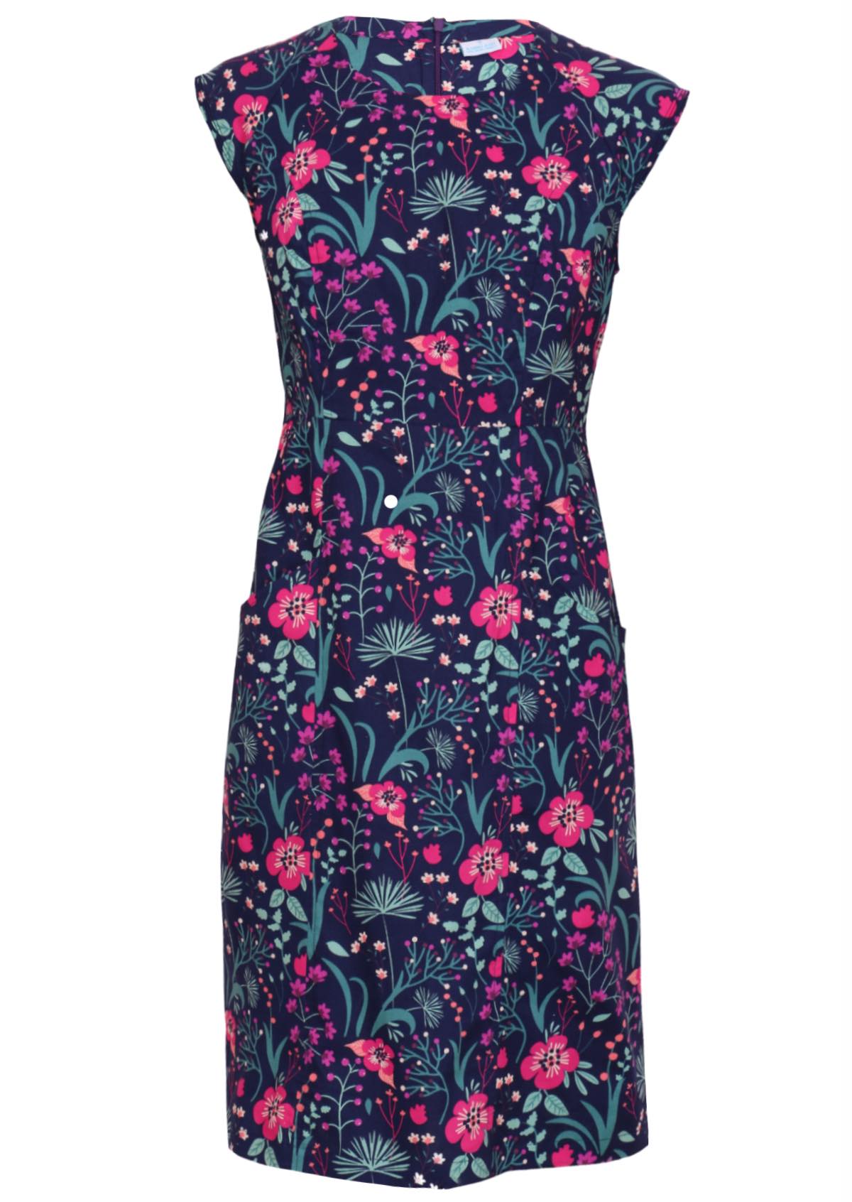 100% navy cotton floral dress front view