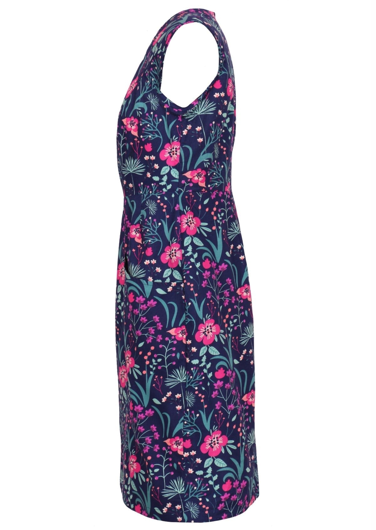 100% navy cotton floral dress side view