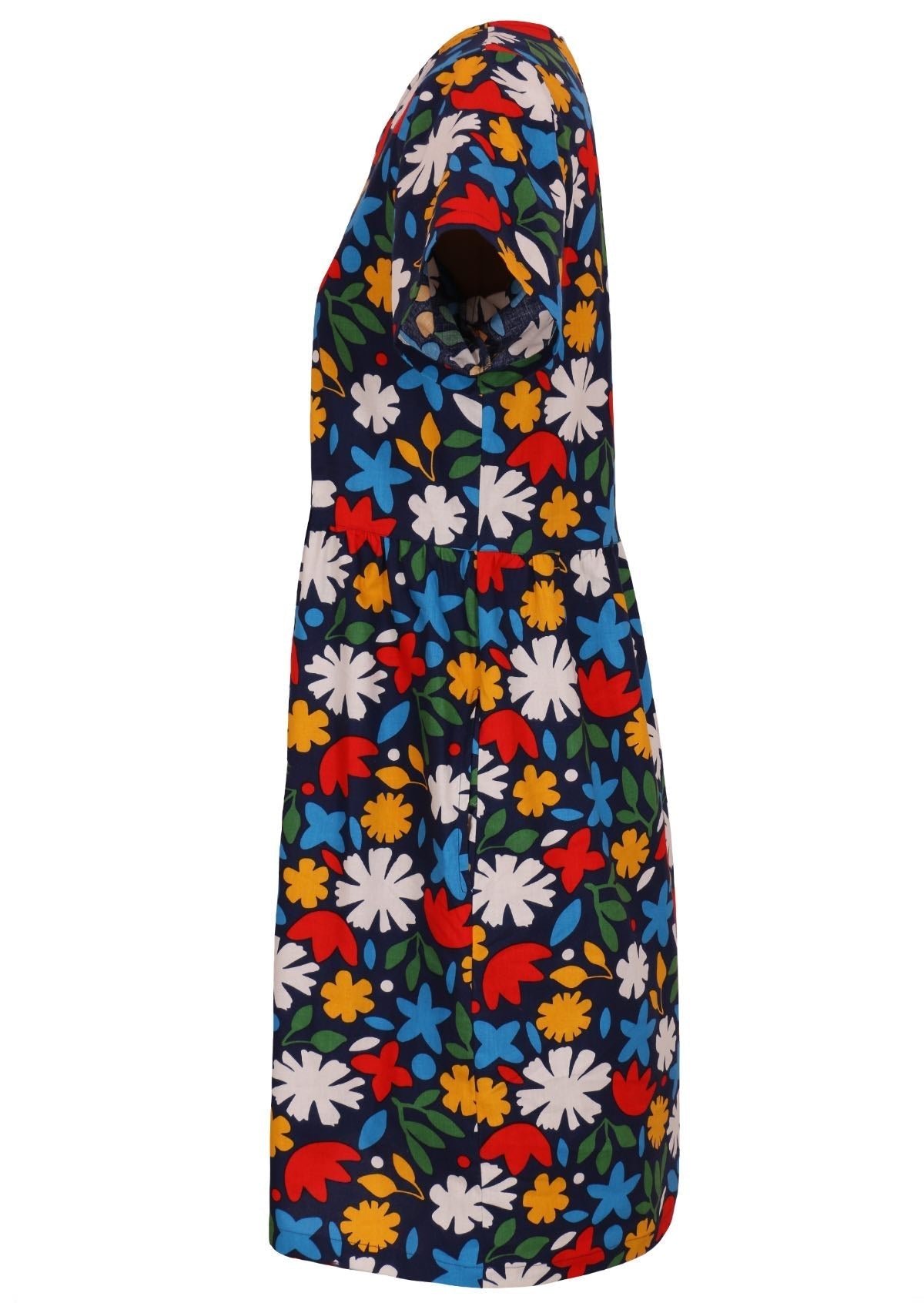 Side mannequin photo of cotton 100 percent cotton dark navy blue base and bright abstract floral retro print cotton dress