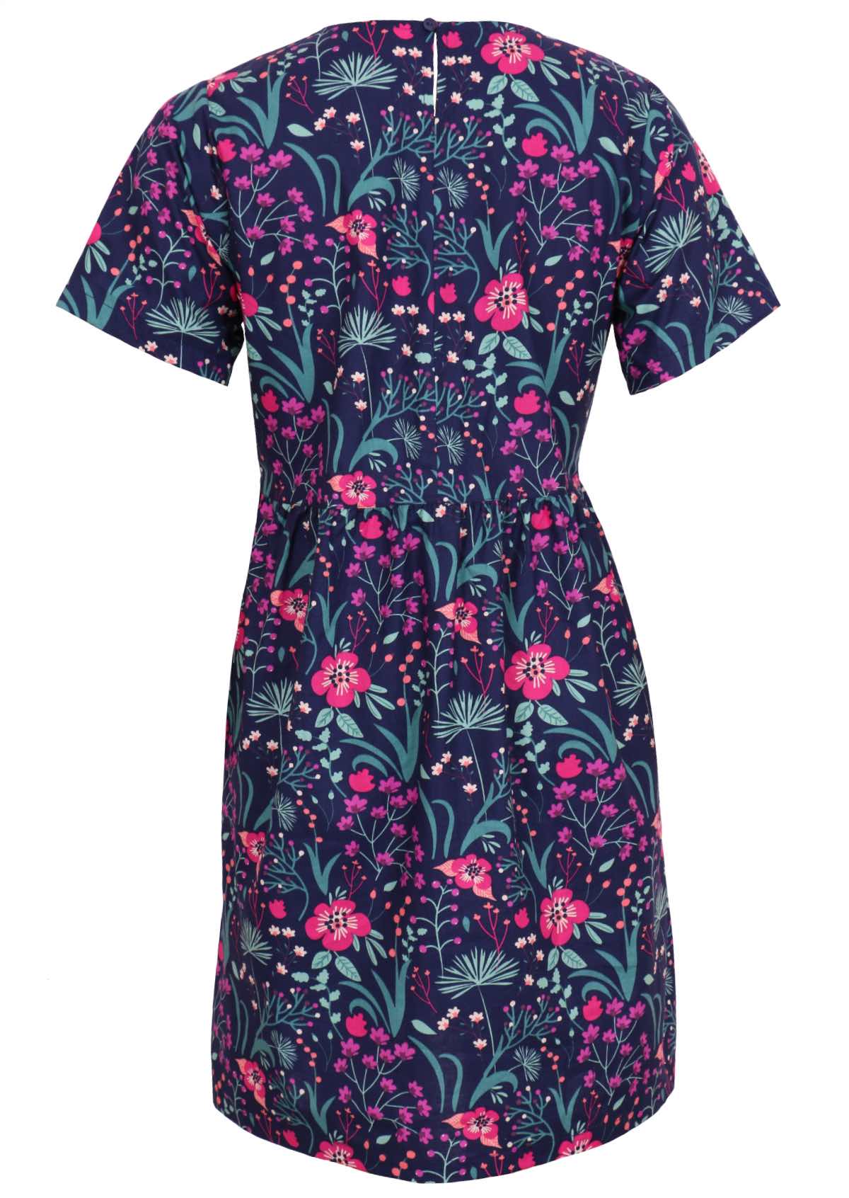 Loose fit purple, navy and pink floral print 100% cotton dress back view