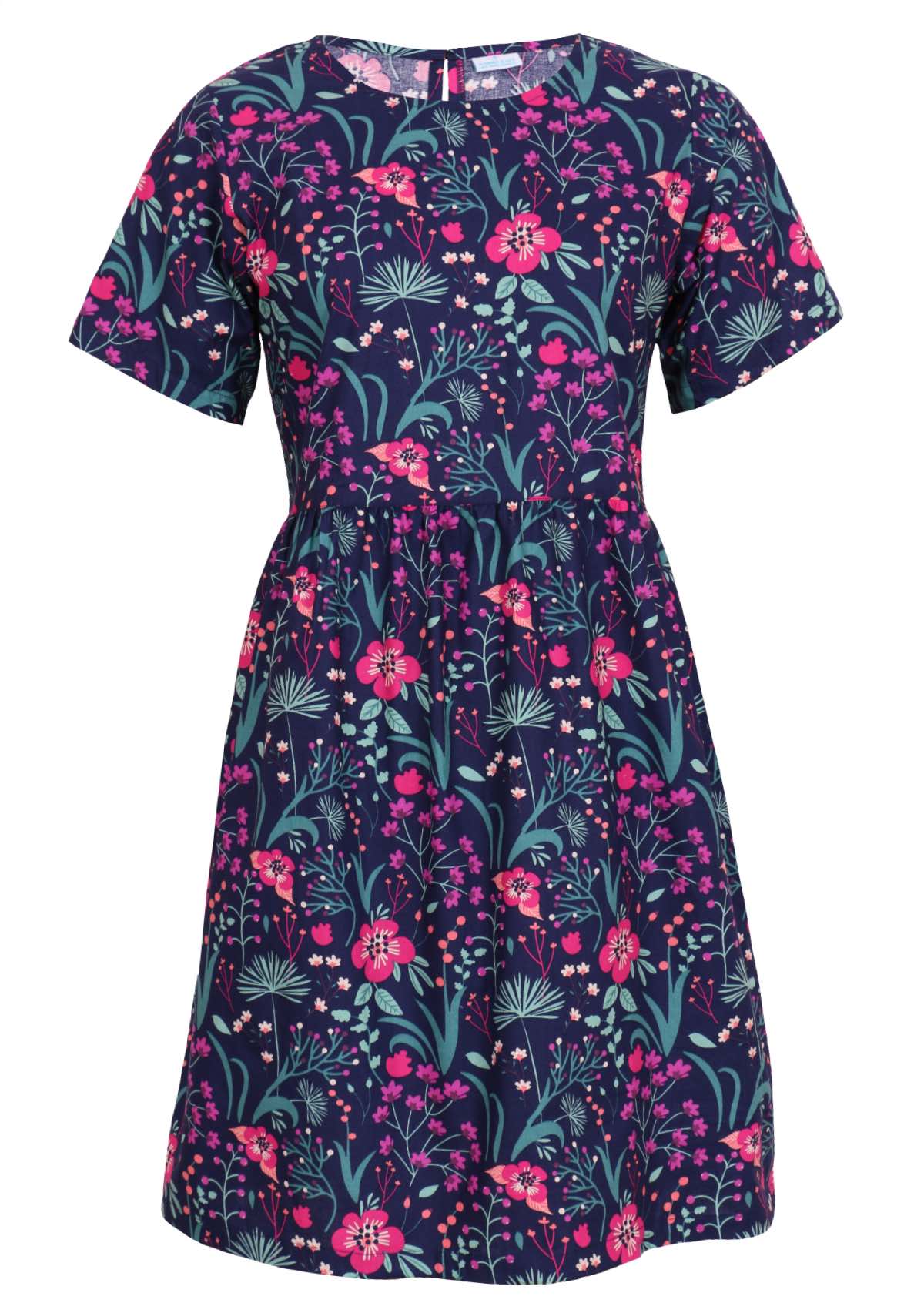 Loose fit purple, navy and pink floral print 100% cotton dress front view