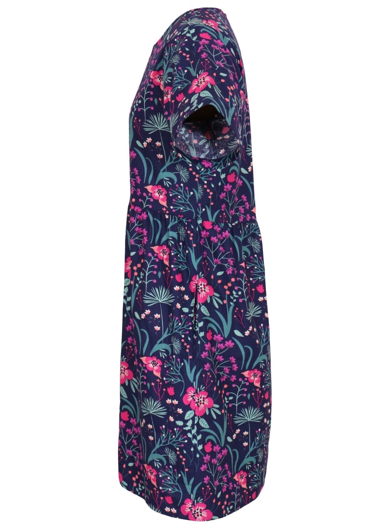 Loose fit purple, navy and pink floral print 100% cotton dress side view