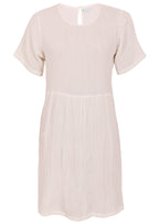 Front mannequin photo of natural white double cotton short sleeve relaxed fit dress with side pockets