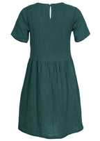 Double cotton short sleeve dress with high round neckline with button at nape of neck for ease when dressing