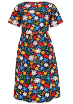 Front mannequin photo of cotton midi length dress with T-shirt sleeves and high round neckline