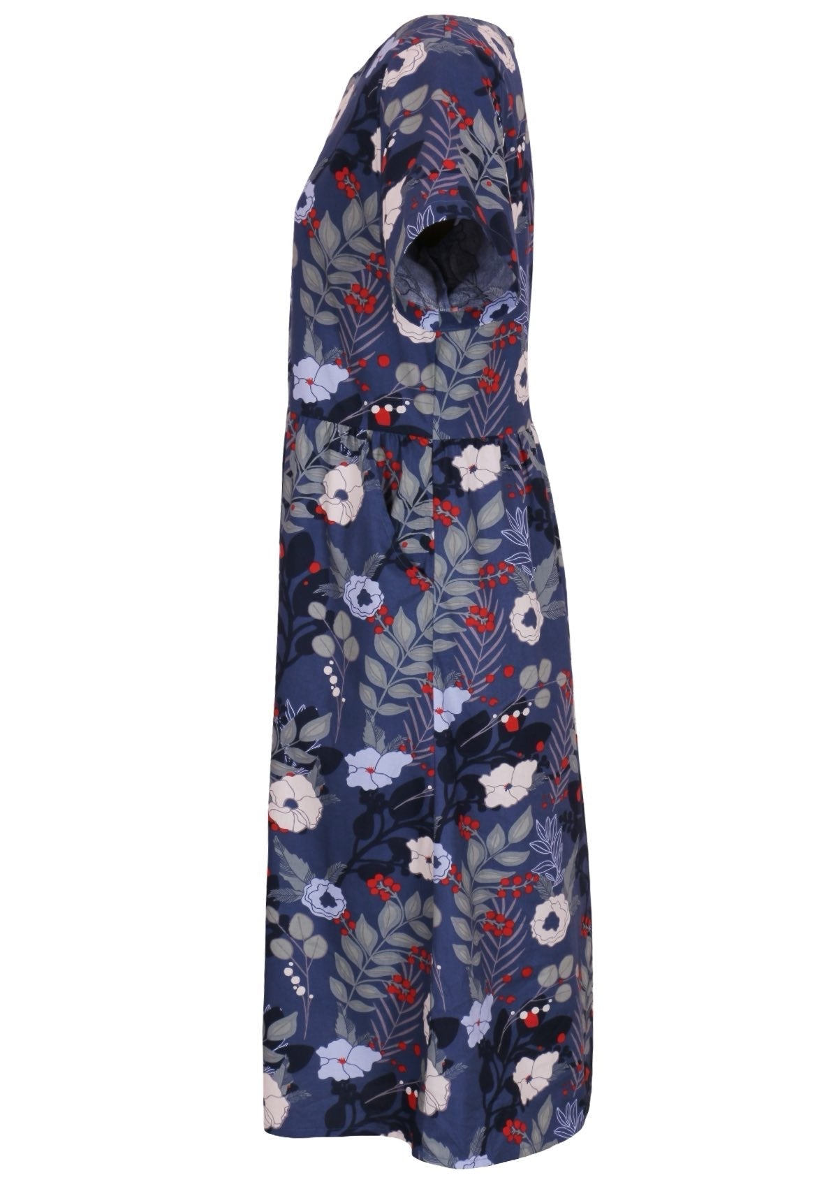 Side mannequin photo of cotton dress  with hidden side pockets, in blue, white and red floral print
