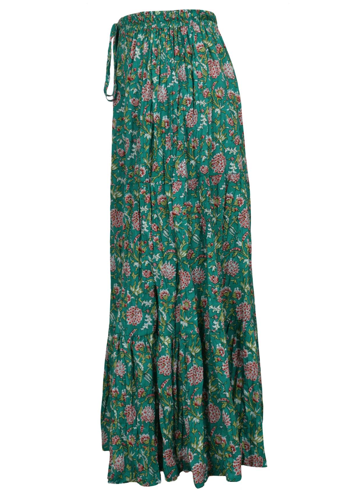 Side mannequin photo of three tiered cotton maxi skirt with elasticated waistband and drawstring