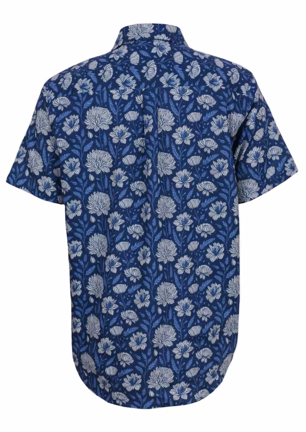 Back mannequin photo of blue floral cotton relaxed fit short sleeve shirt with box pleat in centre of back