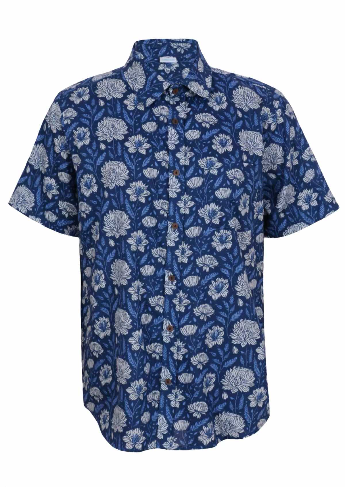 Front mannequin photo of blue floral cotton relaxed fit short sleeve shirt