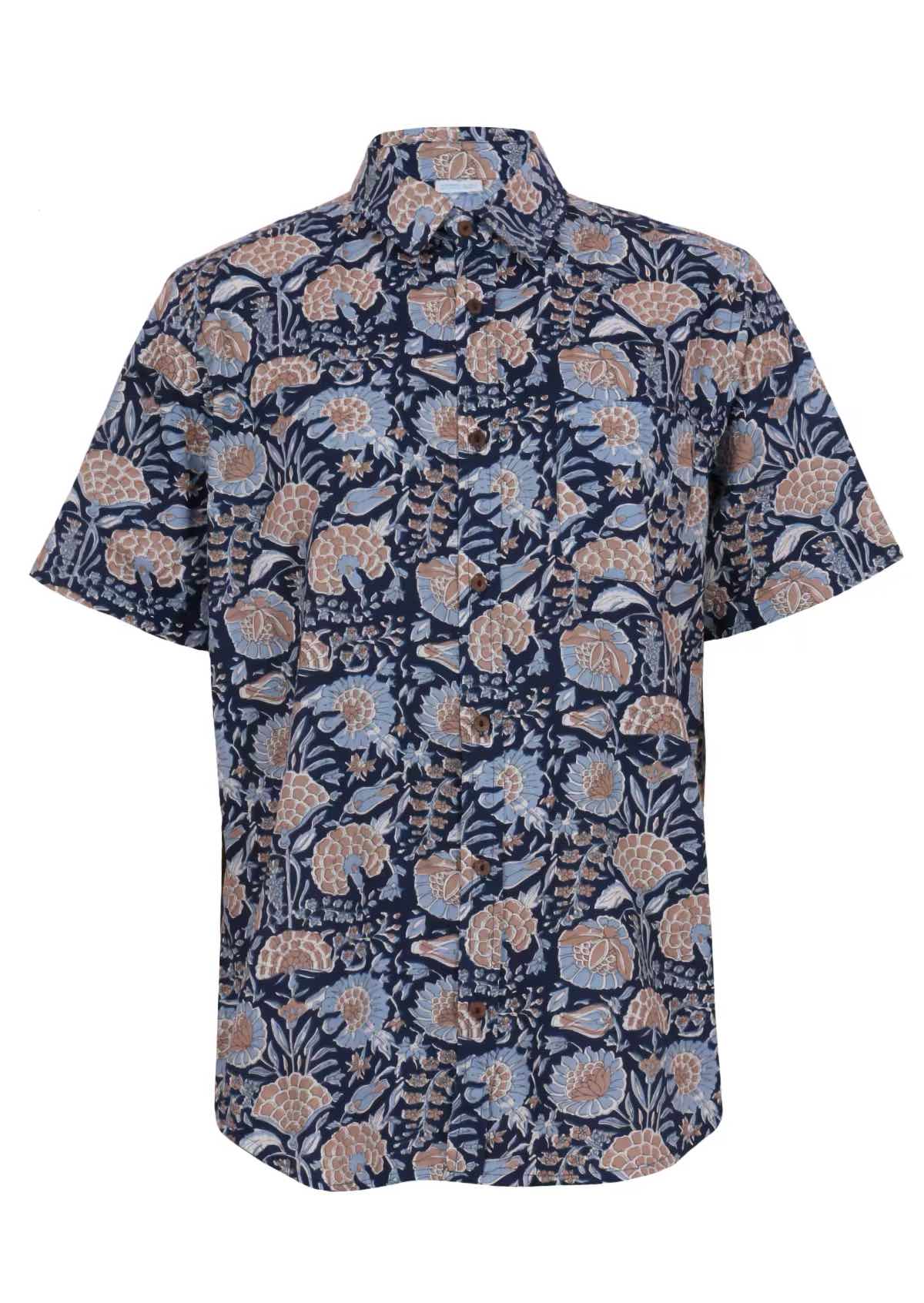 Front mannequin photo of blue based floral print men's shirt with short sleeves