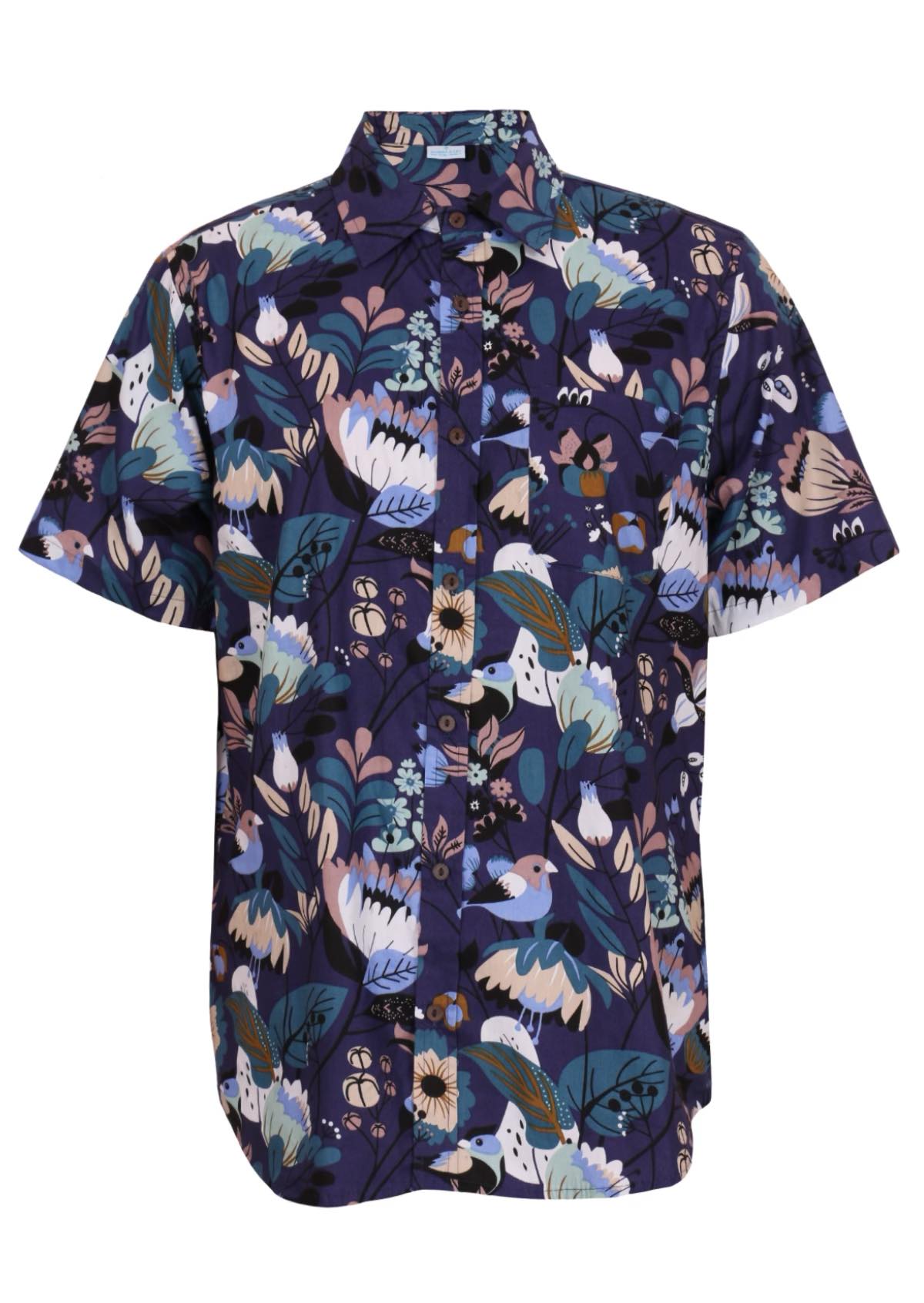 Front mannequin photo of blue based floral and bird print men's shirt