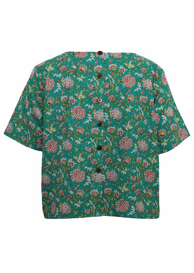 Back mannequin photo of cotton short sleeve relaxed fit top in floral print on jade green base, with non functional buttons at the back