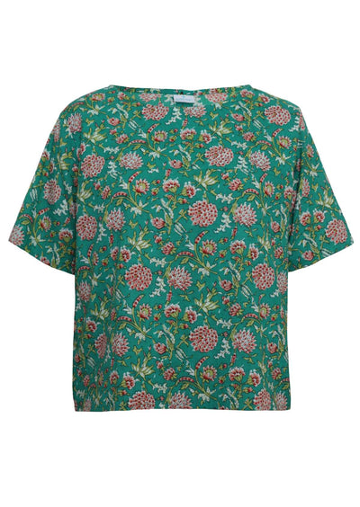 Front mannequin photo of cotton short sleeve relaxed fit top in floral print on jade green base