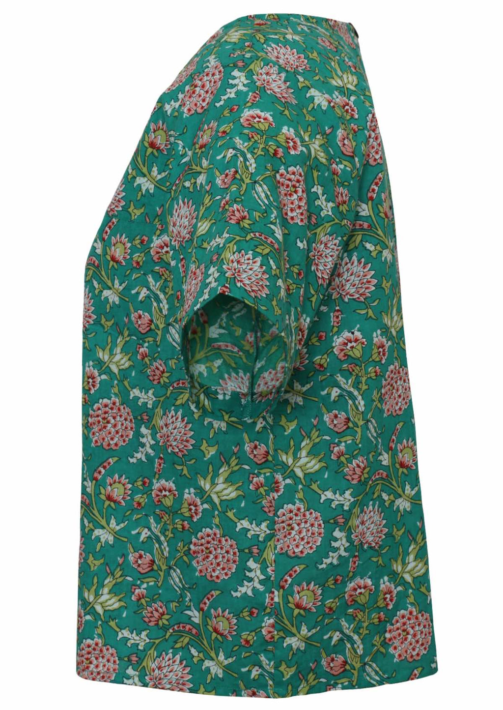 Side mannequin photo of cotton short sleeve relaxed fit top in floral print on jade green base