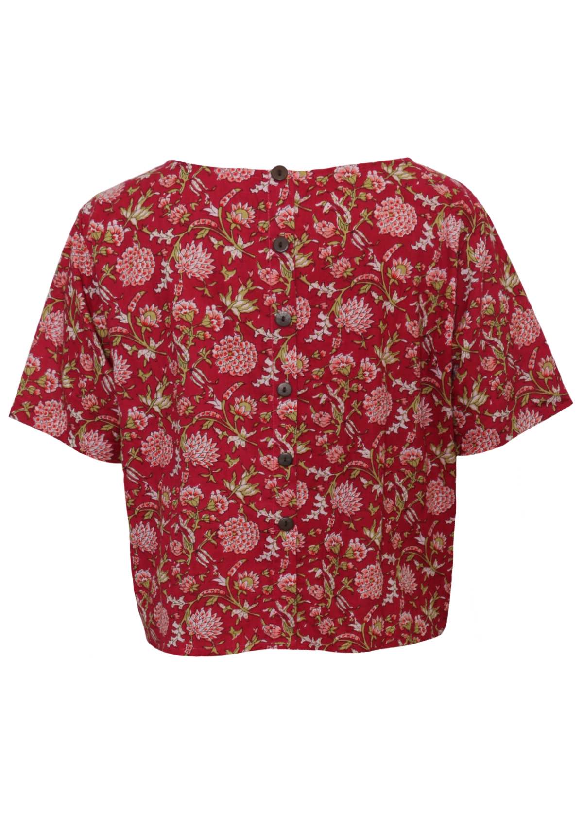 Back mannequin photo of cotton short sleeve relaxed fit top in floral print on bright red base, with non functional buttons at the back