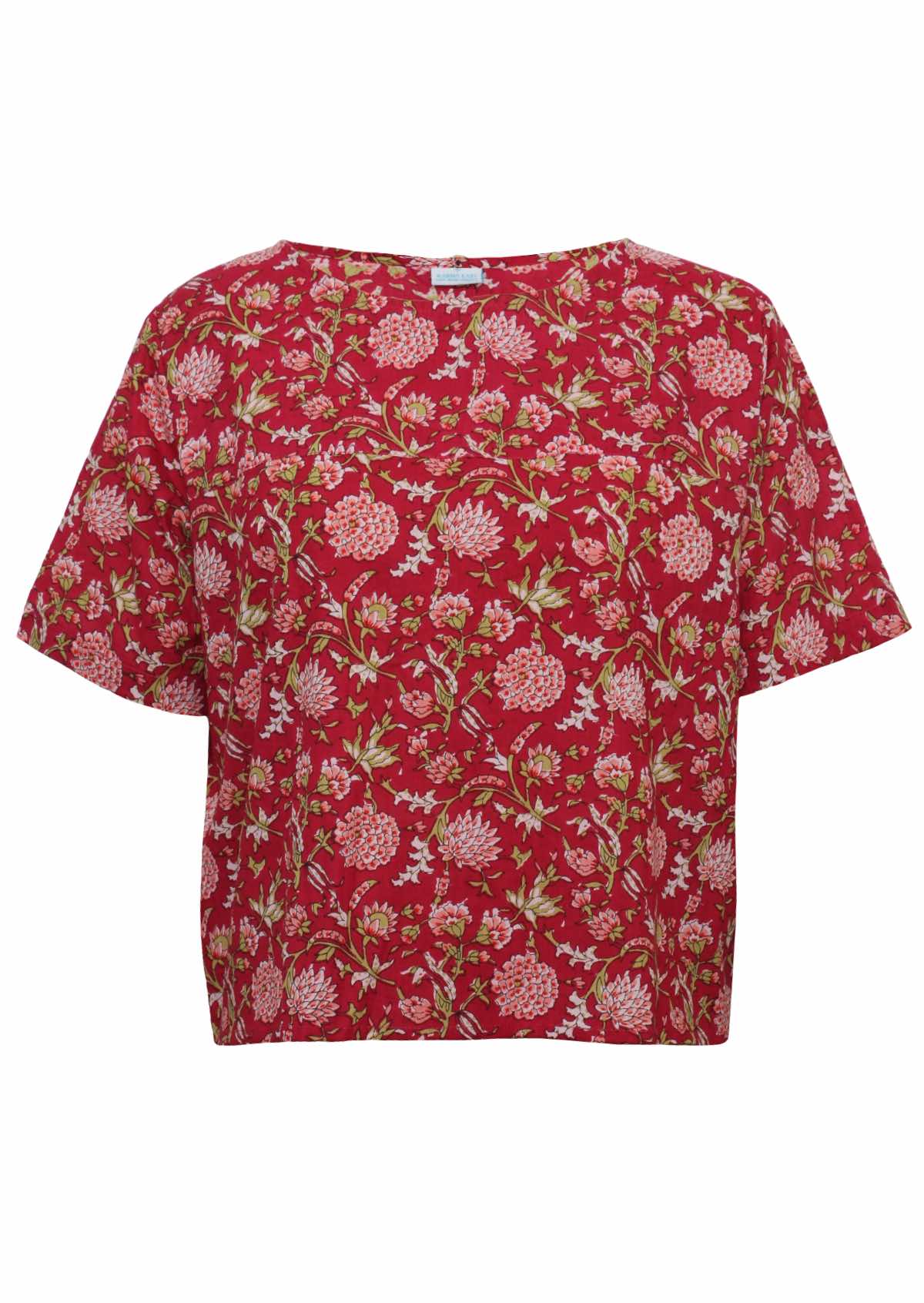 Front mannequin photo of cotton short sleeve relaxed fit top in floral print on bright red base