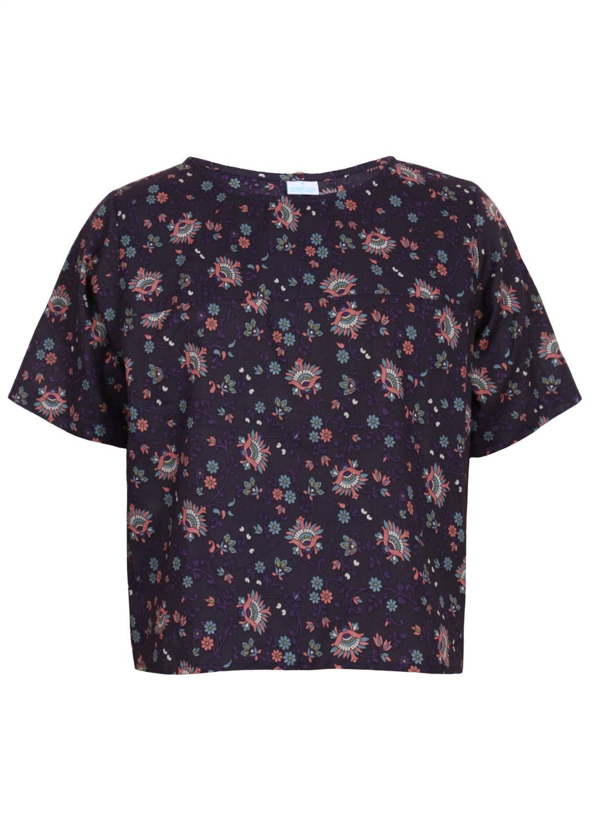 Front mannequin photo of short sleeve cotton top with sweet floral print on dark base