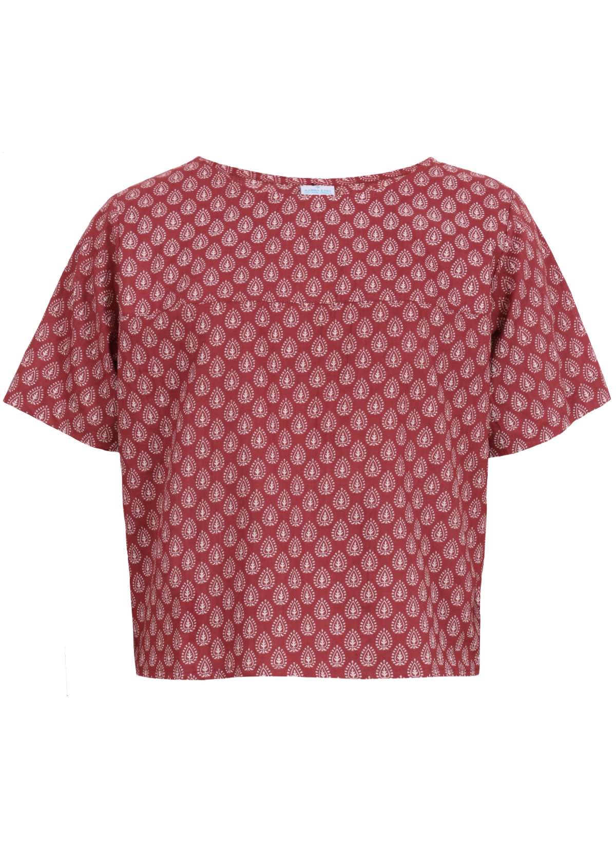 Front mannequin photo of terracotta and white print cotton top with short sleeves