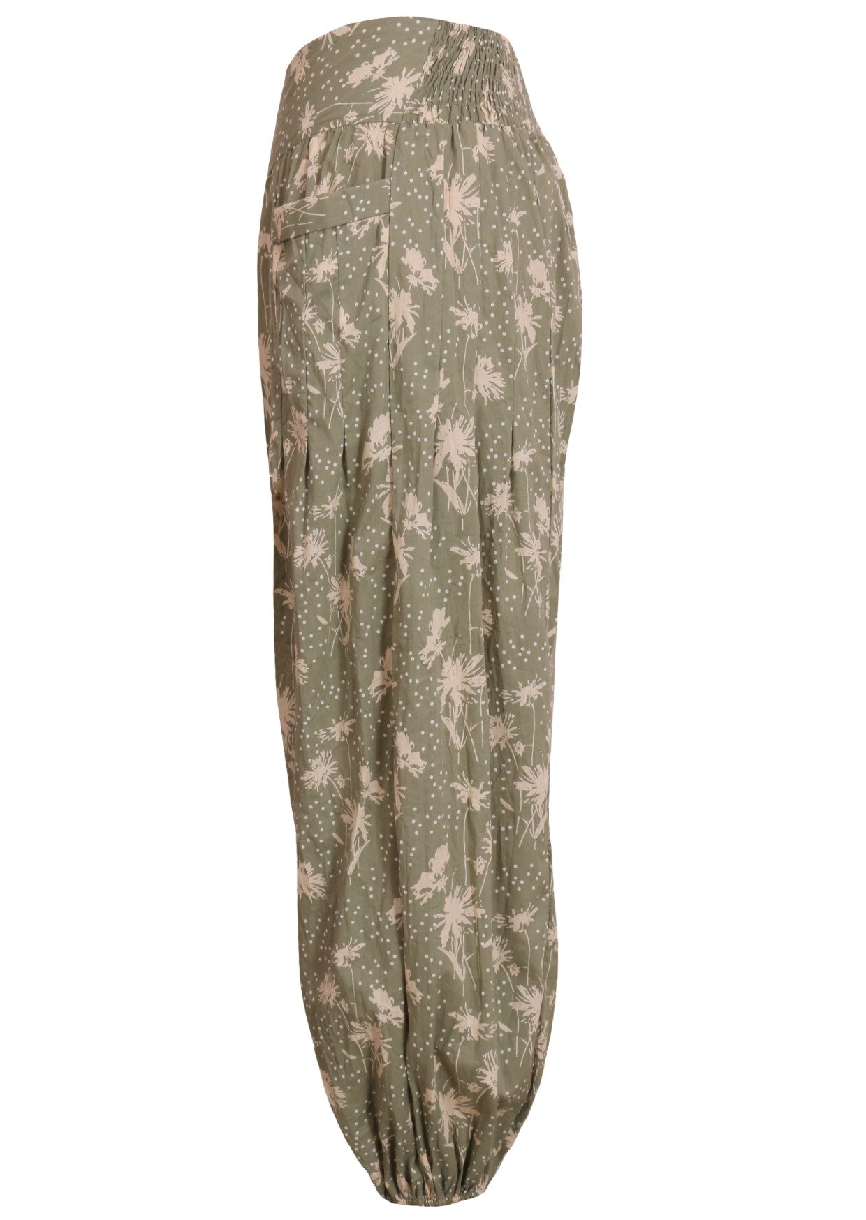 Side mannequin photo of cotton harem pants with wide waistband and deep pockets