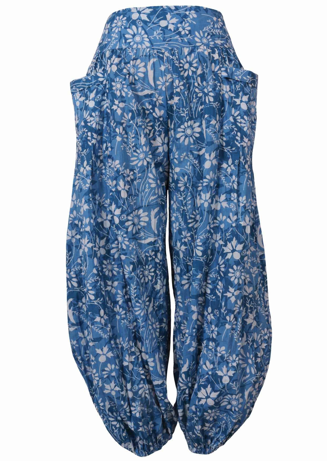 Pilot pants front in blue floral Drift print 100% cotton with a wide waistband, pockets, and elastic around the ankles 