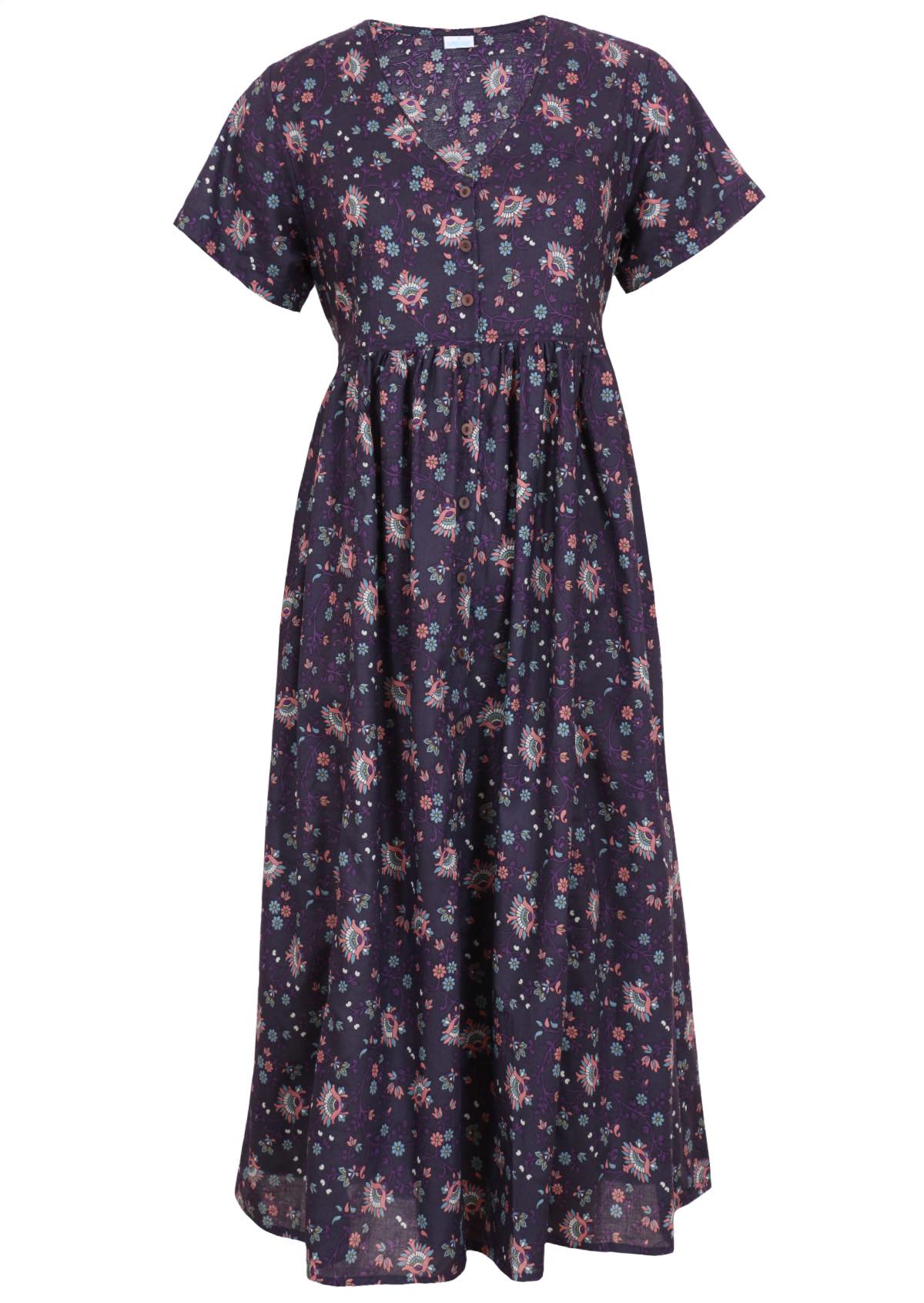 Cotton dress in Eventide print, dark purple and pink coloured flowers with white and teal highlights