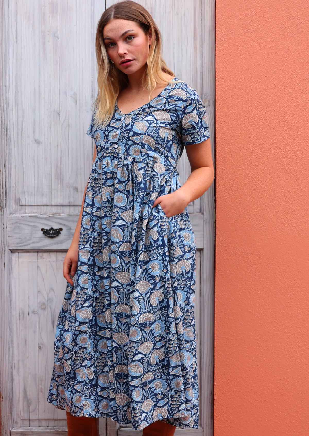 Super comfortable loose fit cotton sun dress with buttons through the front centre and pockets