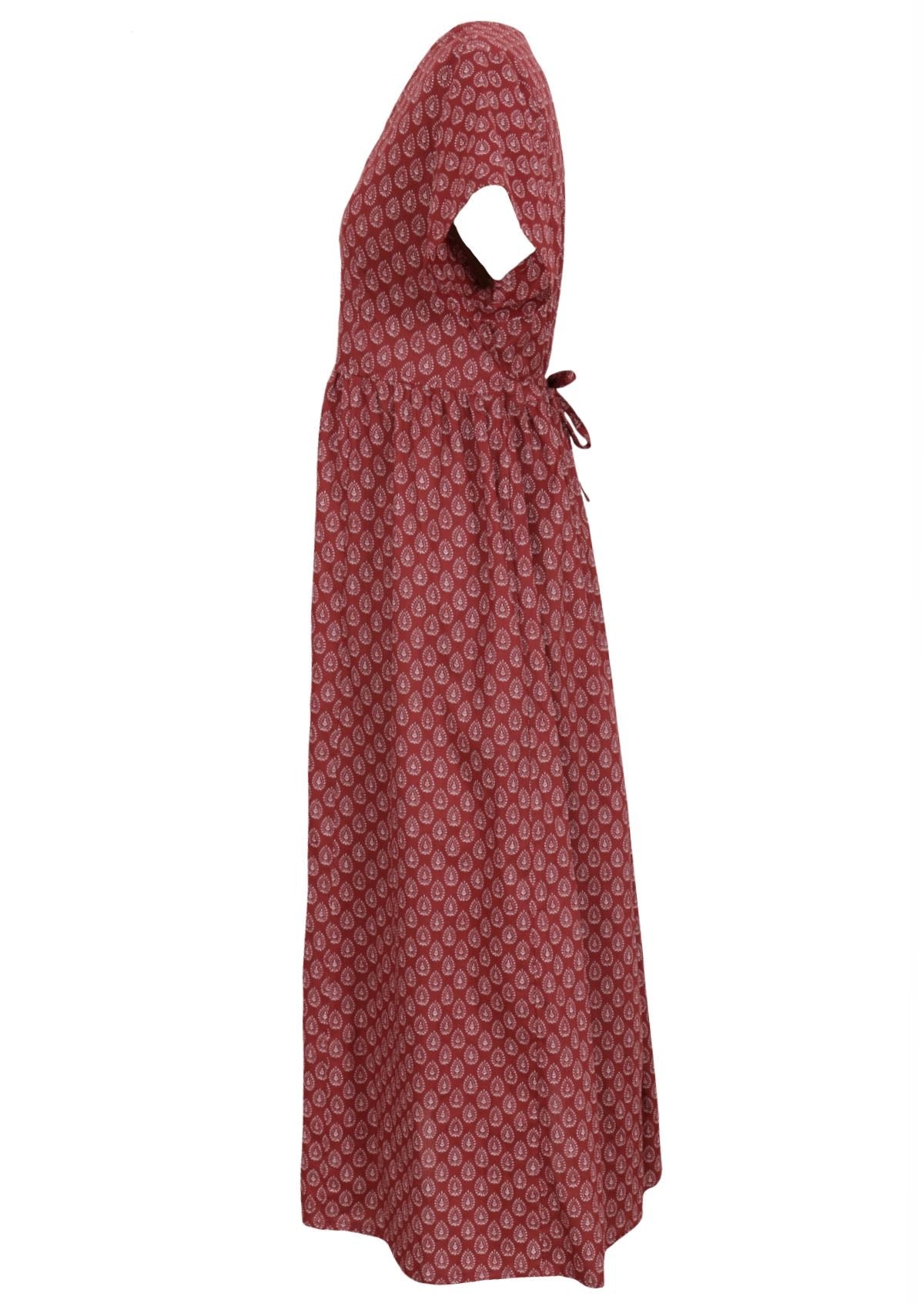 Woman's 100 percent cotton dark terracotta short sleeve maxi sundress with v-neck, pockets, and shell buttons side view