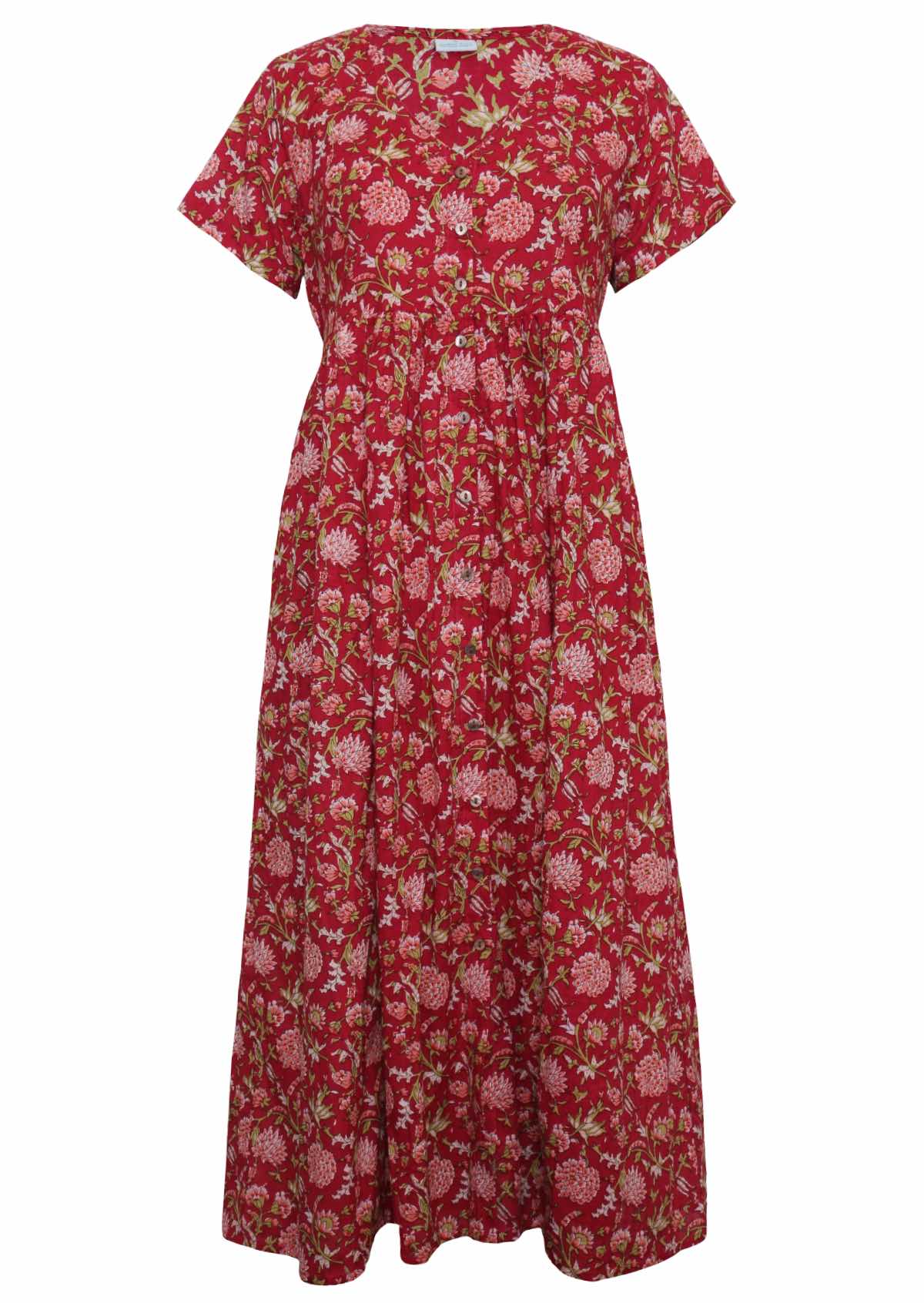 Front mannequin photo of cotton relaxed fit button through dress with T-shirt sleeves in floral print on a bright red base