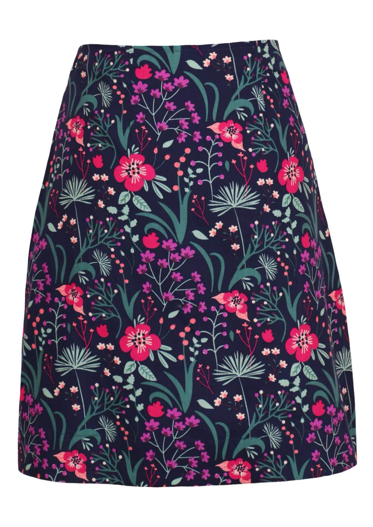 Front mannequin photo of cotton reversible skirt with floral purple print.