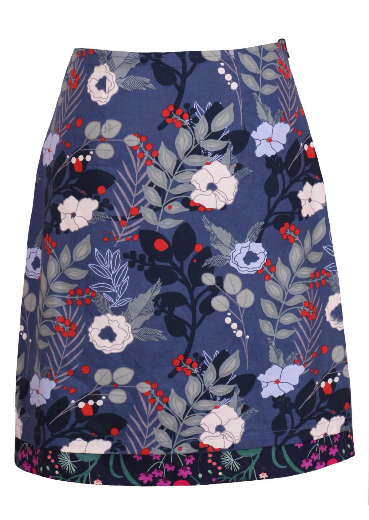 Front mannequin photo of cotton reversible skirt blue with floral print. 