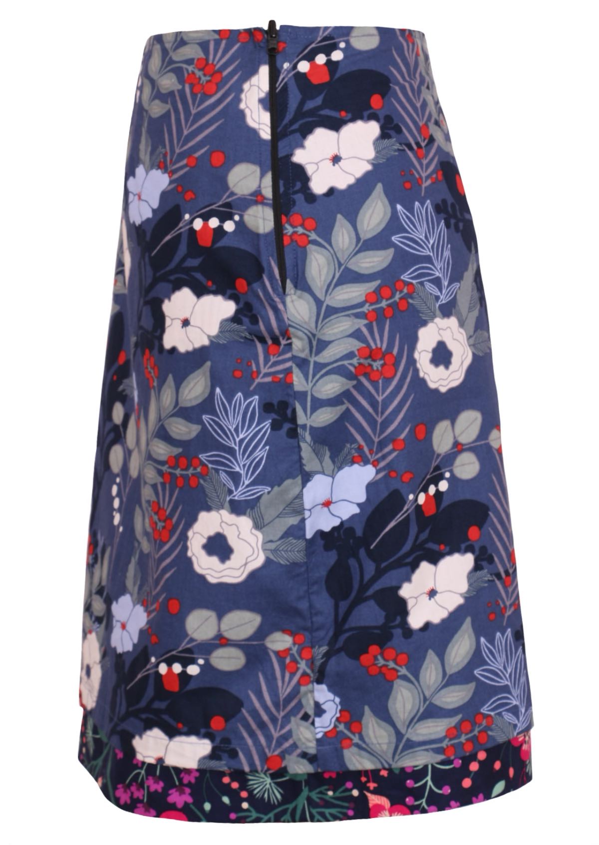 Side mannequin photo of cotton reversible skirt floral print blue base print