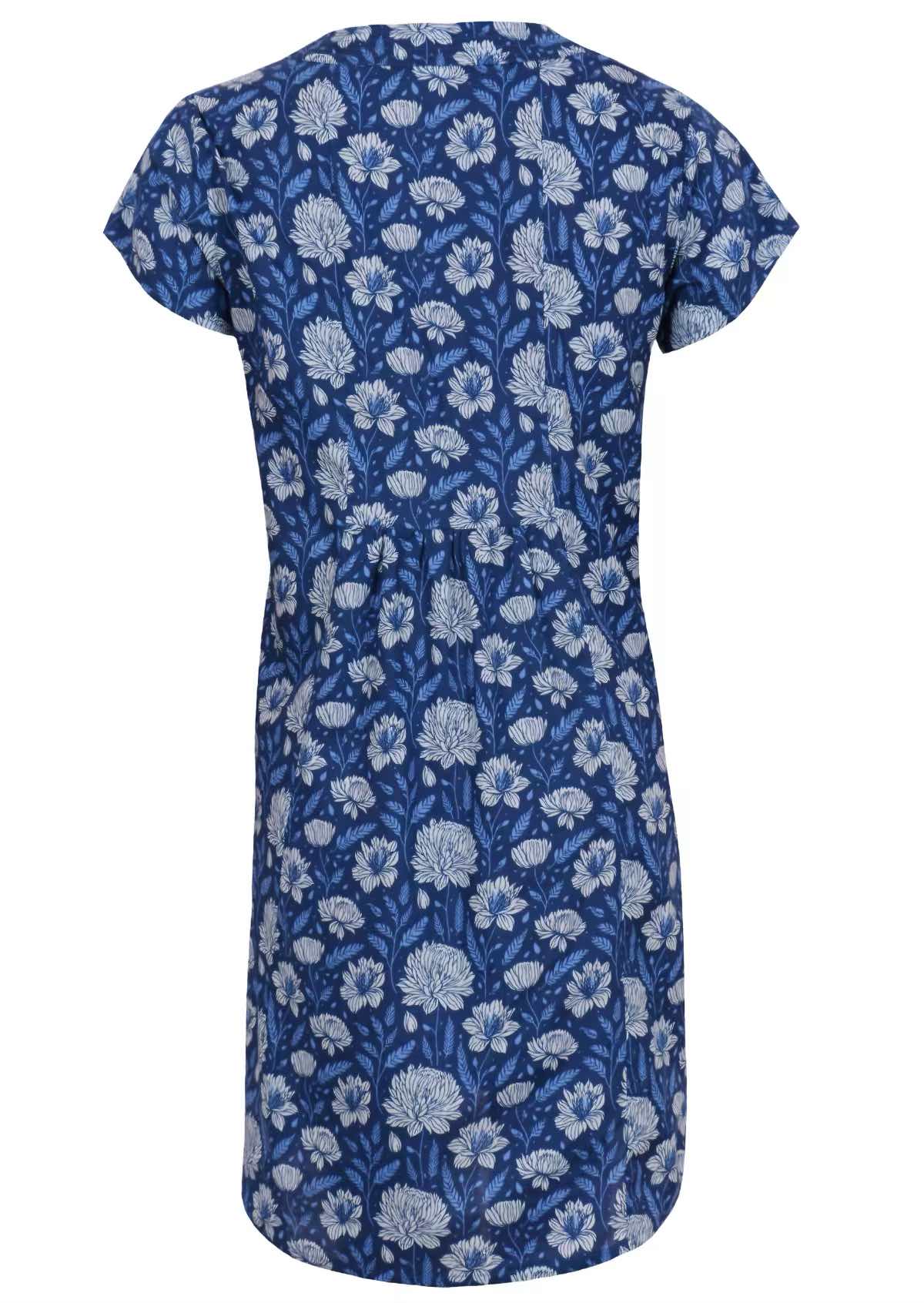 Back mannequin photo of cotton tunic dress with light blue and white floral design