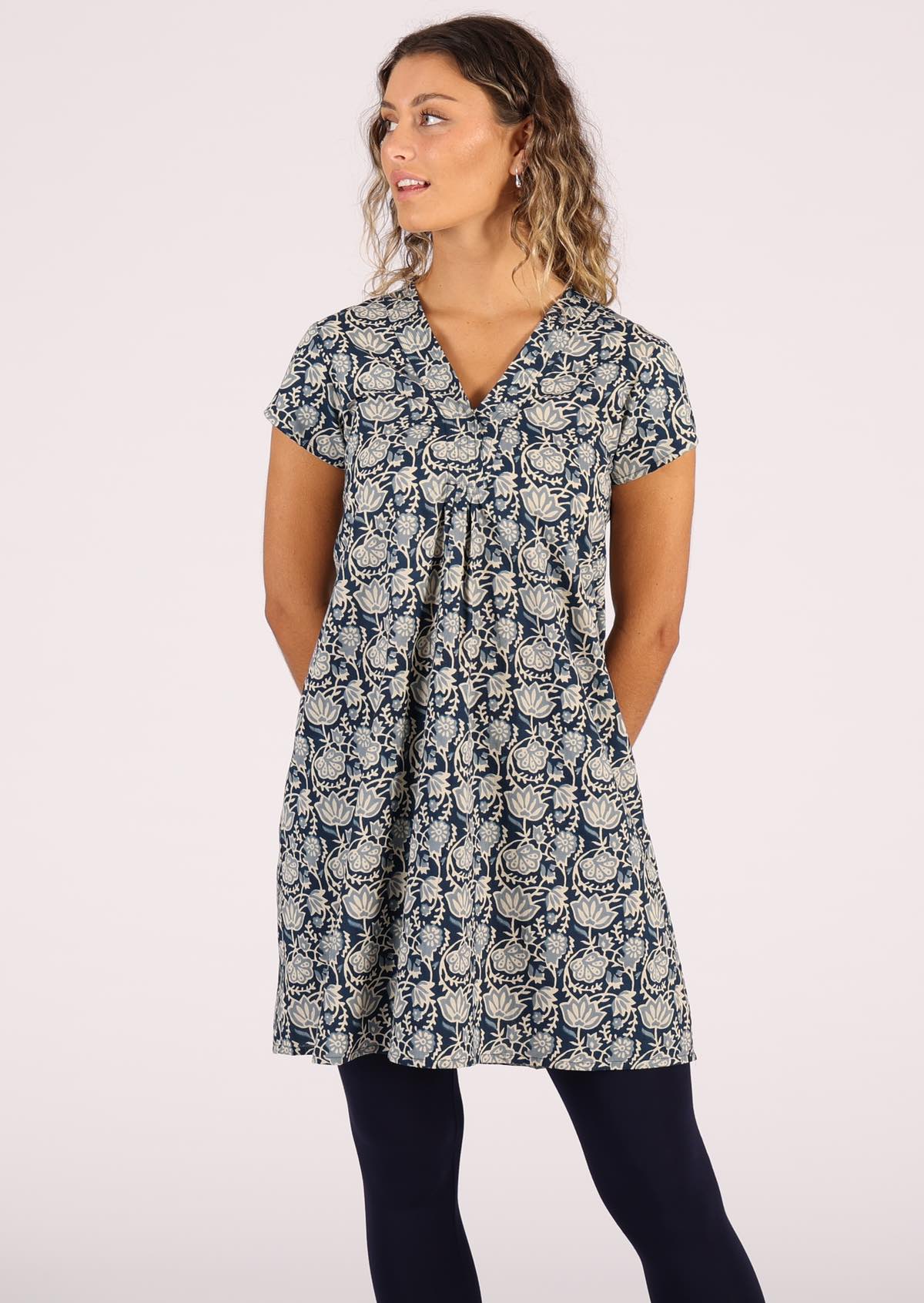 V-neckline blue floral print cotton tunic