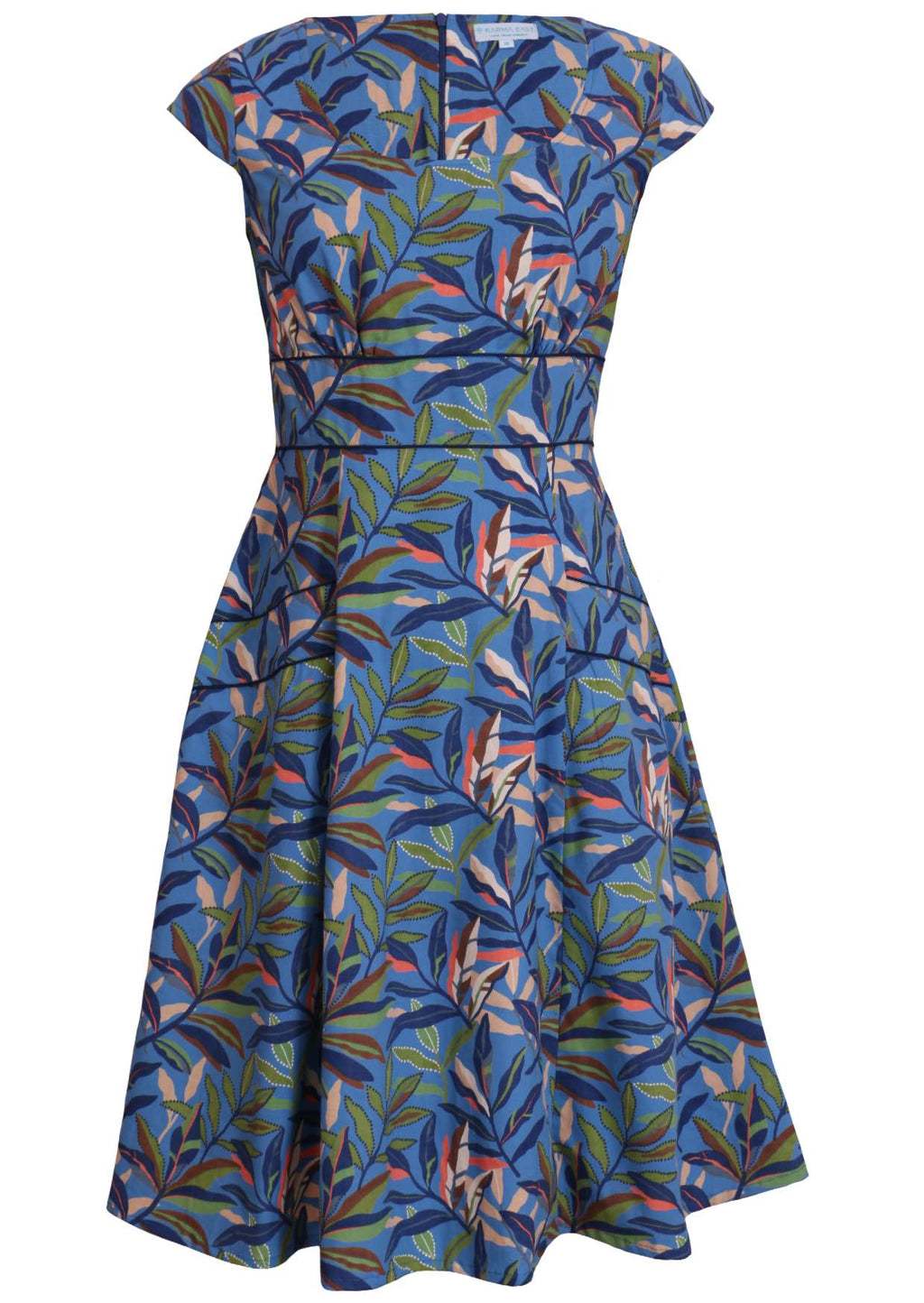 blue cotton retro style dress with pockets front view
