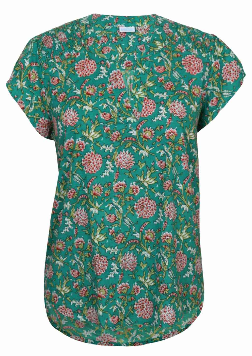 Front mannequin photo of cap sleeve cotton top with V-neckline and shirring across front of shoulders