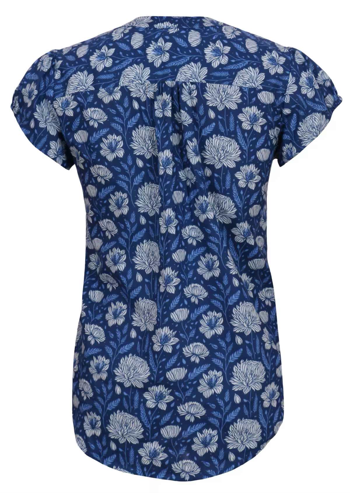 Back mannequin photo of cotton top with small gather in centre of back in light blue and white floral print